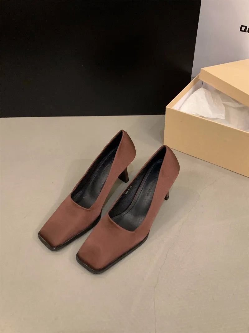 Square Toe Satin Pumps Women