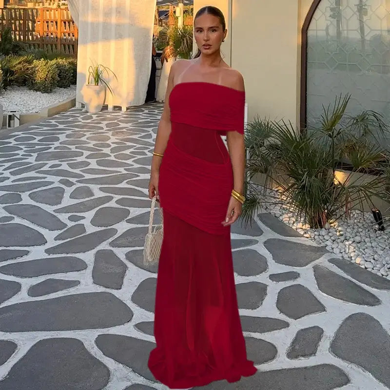 One Shoulder Mesh Maxi Dress Women Off-shoulder Strapless Sleeveless Backless