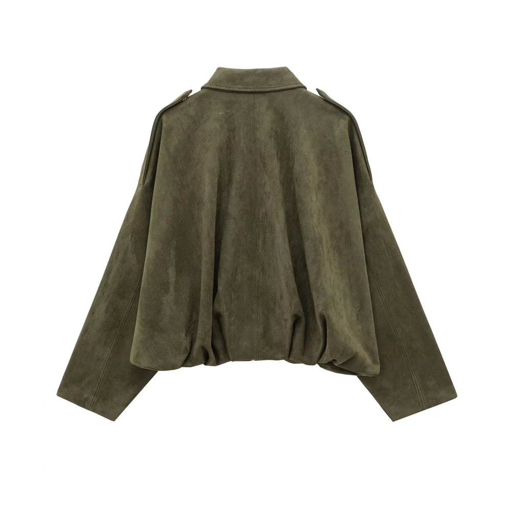 Women Faux Suede Collared Jacket with Shoulder Straps