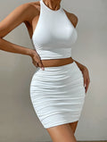 Women White Halter Neck Sleeveless Backless Two Piece Set - Norellé