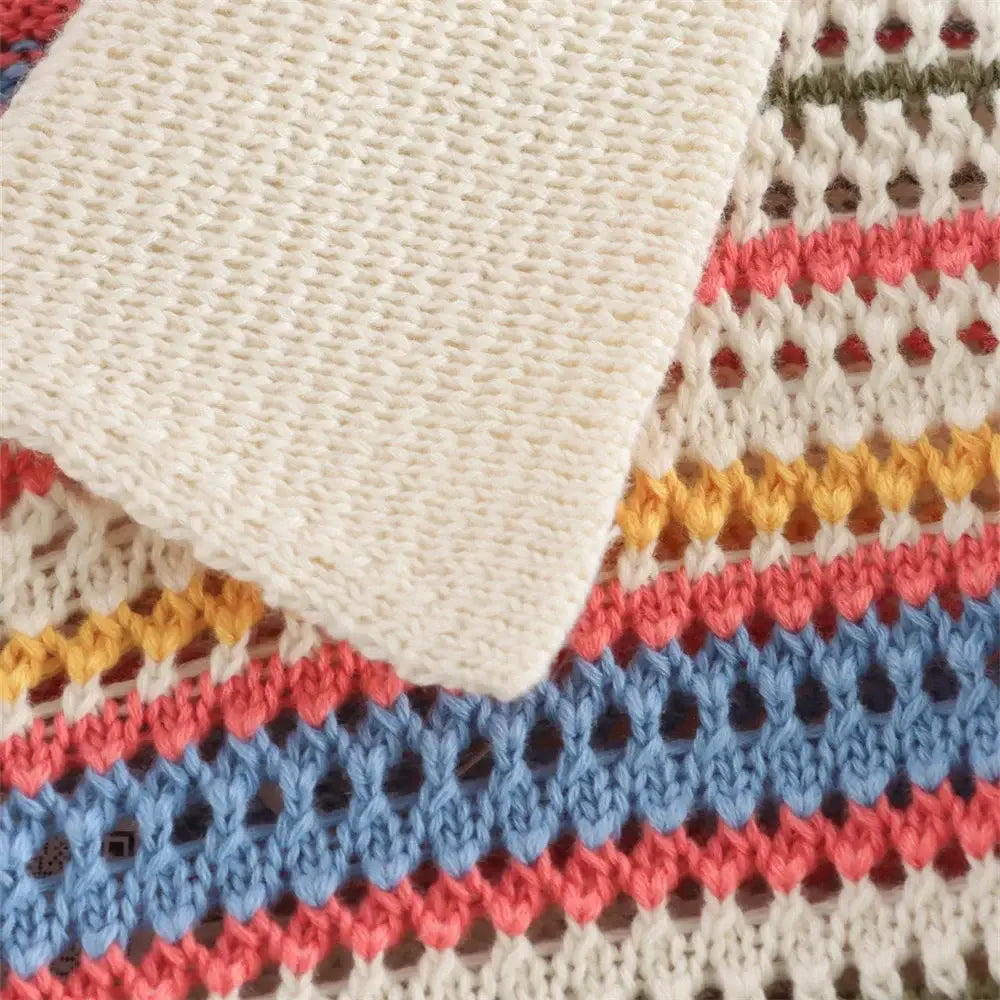 Women’s Casual Stripe Printed Short Sleeve Flip Collar Cardigan Shorts Set