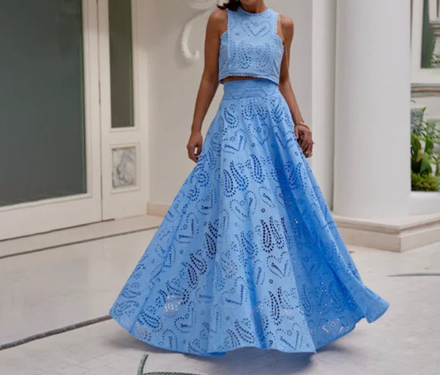 Sleeveless Embroidered Hollow Lace Long Skirt Vacation Set Two-Piece