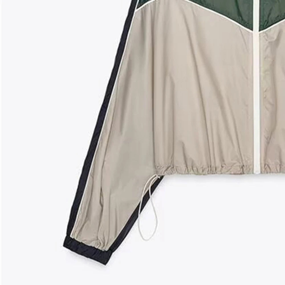 Women’s Color Blocked Short Style Stand up Collar Long Sleeve Pants Set