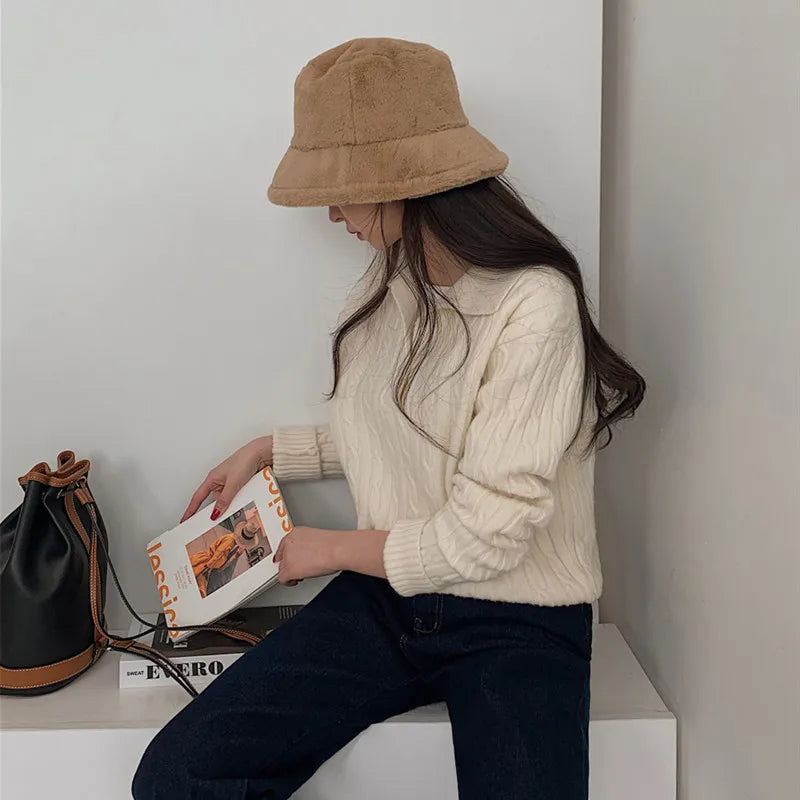 Turn-down Collar Solid Women’s Sweater