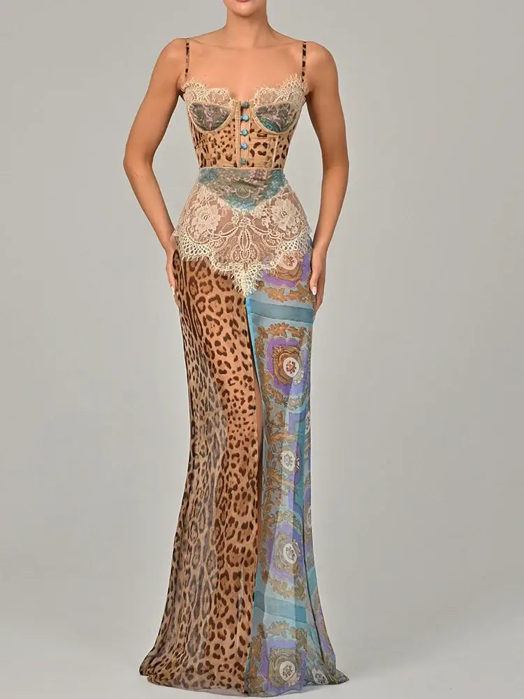 Chiffon Print Leopard High Slit Baroque Women Dress