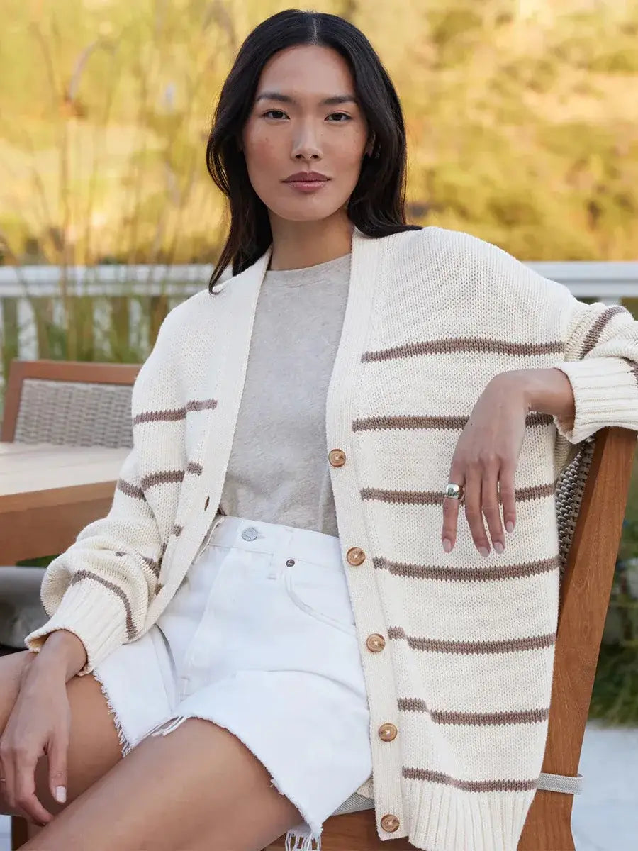 Women’s Striped Knit Cardigan V Neck Cotton Loose Fit