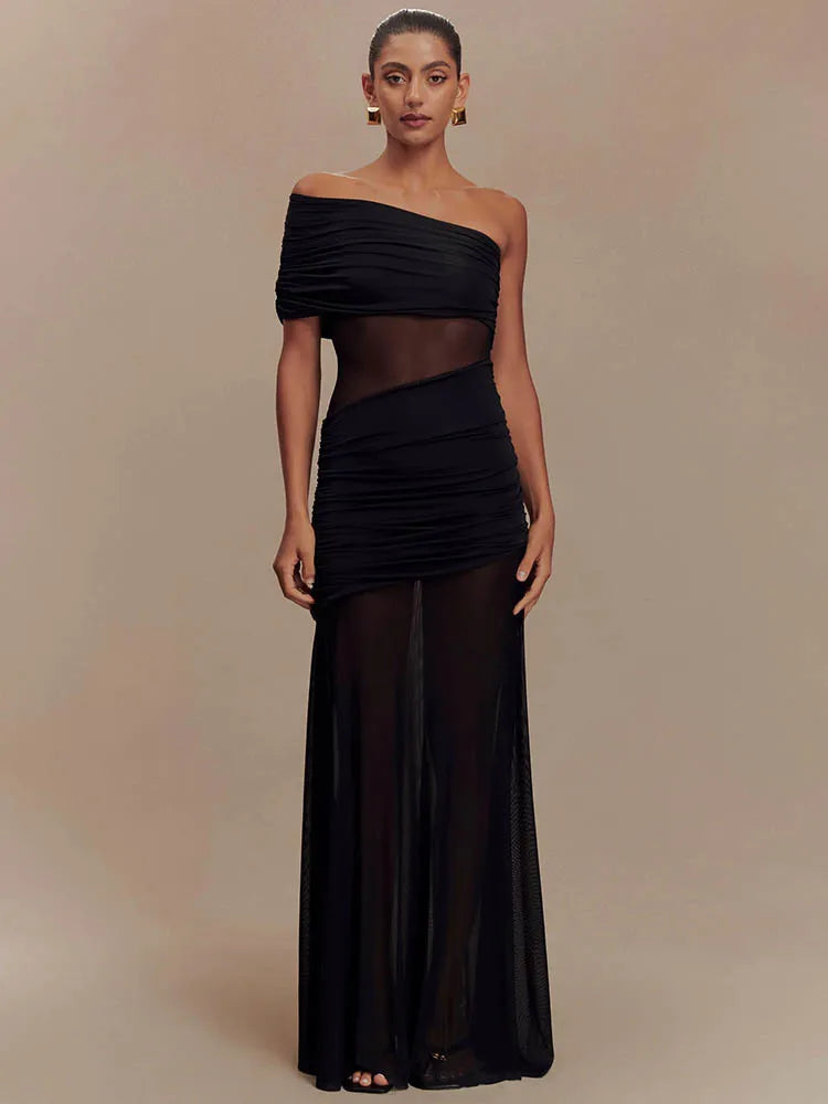 One Shoulder Mesh Maxi Dress Women Off-shoulder Strapless Sleeveless Backless - Norellé