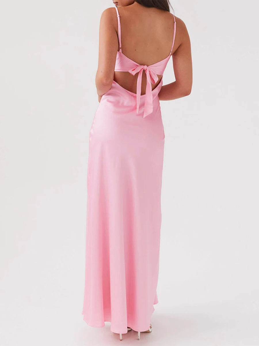 Women Cami Dress Solid Color Sleeveless Tie-Up Front Backless