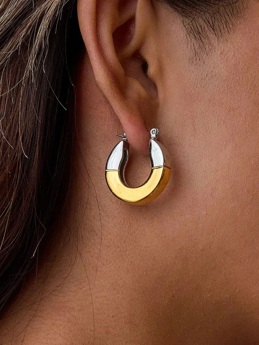 Gold Color Plated Stainless Steel Two tone Geometric Smooth Earrings