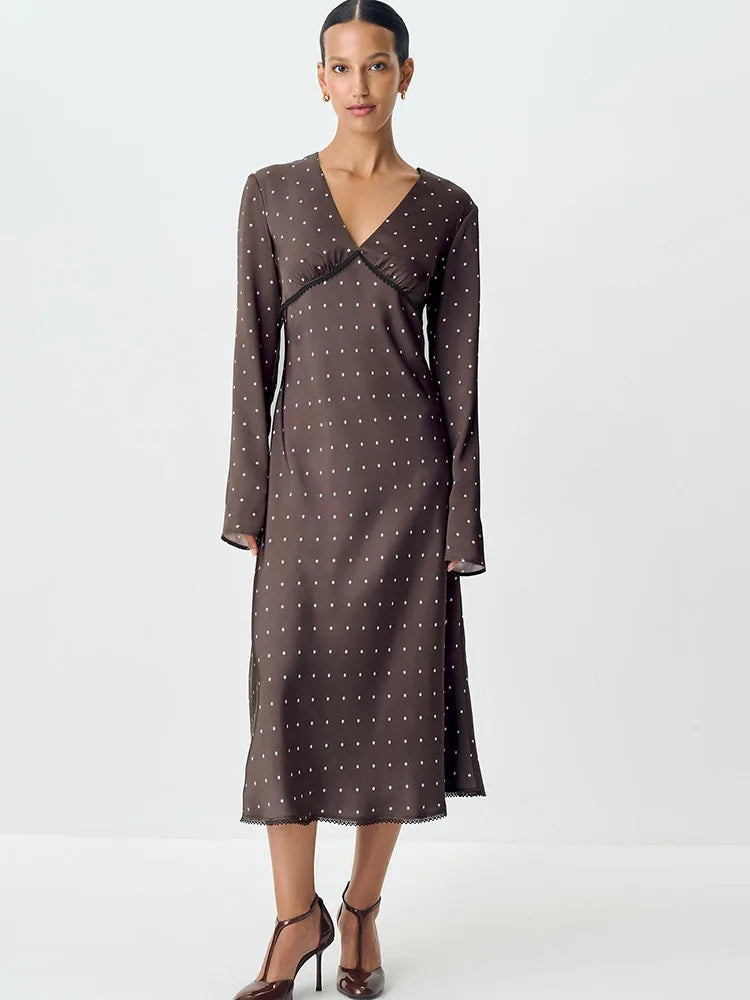 V-neck Printed Polka Dot Women Maxi Dress