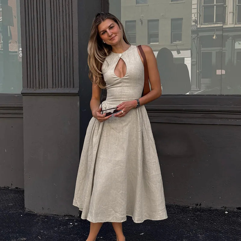 Elegant Single Button Hollow Out Midi Dress for Women - Norellé