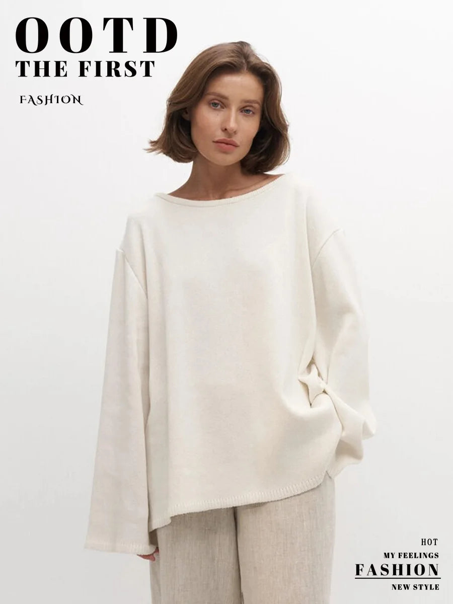 Backless O-neck Cotton Knit Sweater