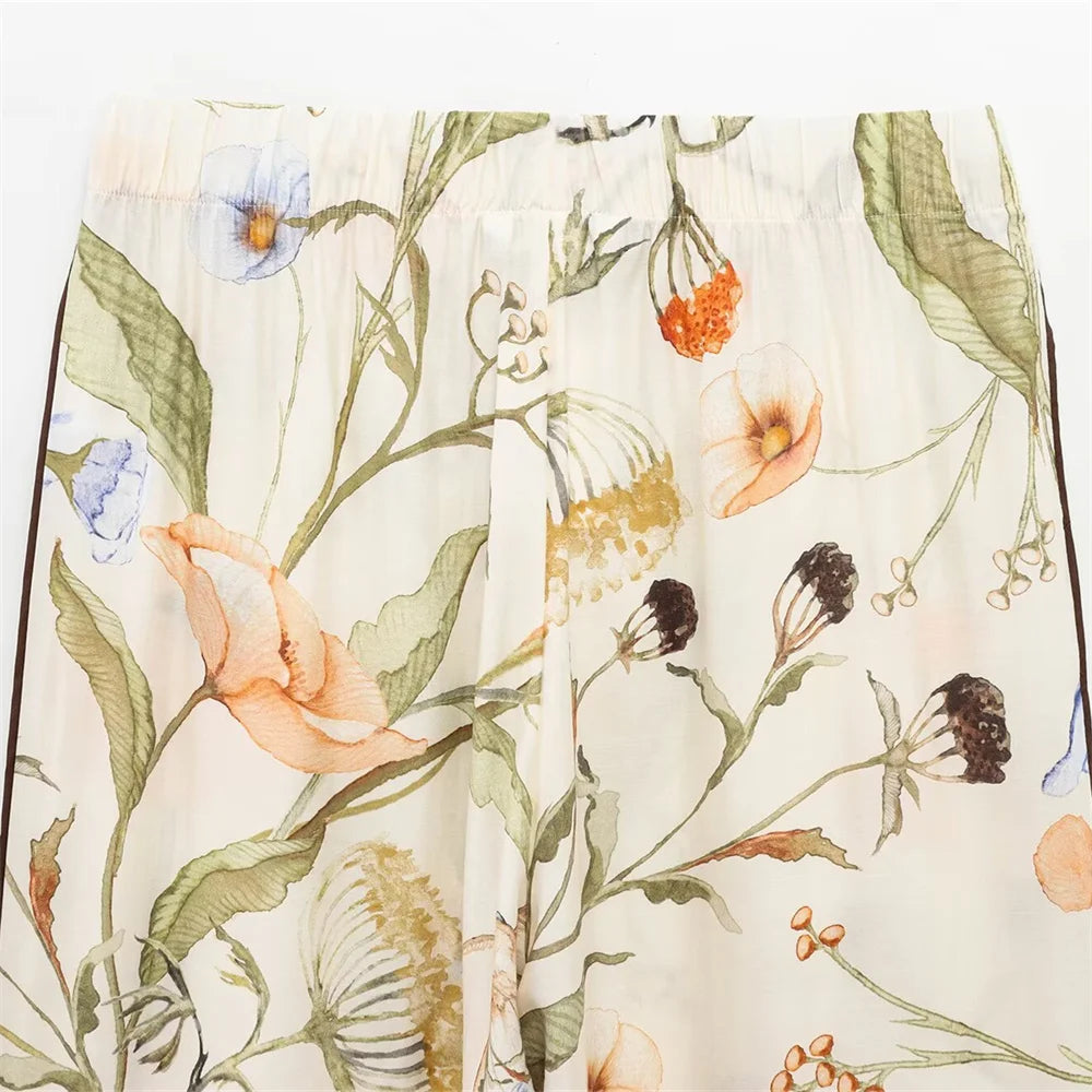 Women’s Floral Pattern Shirt With Rolled Edge Design Long Pants