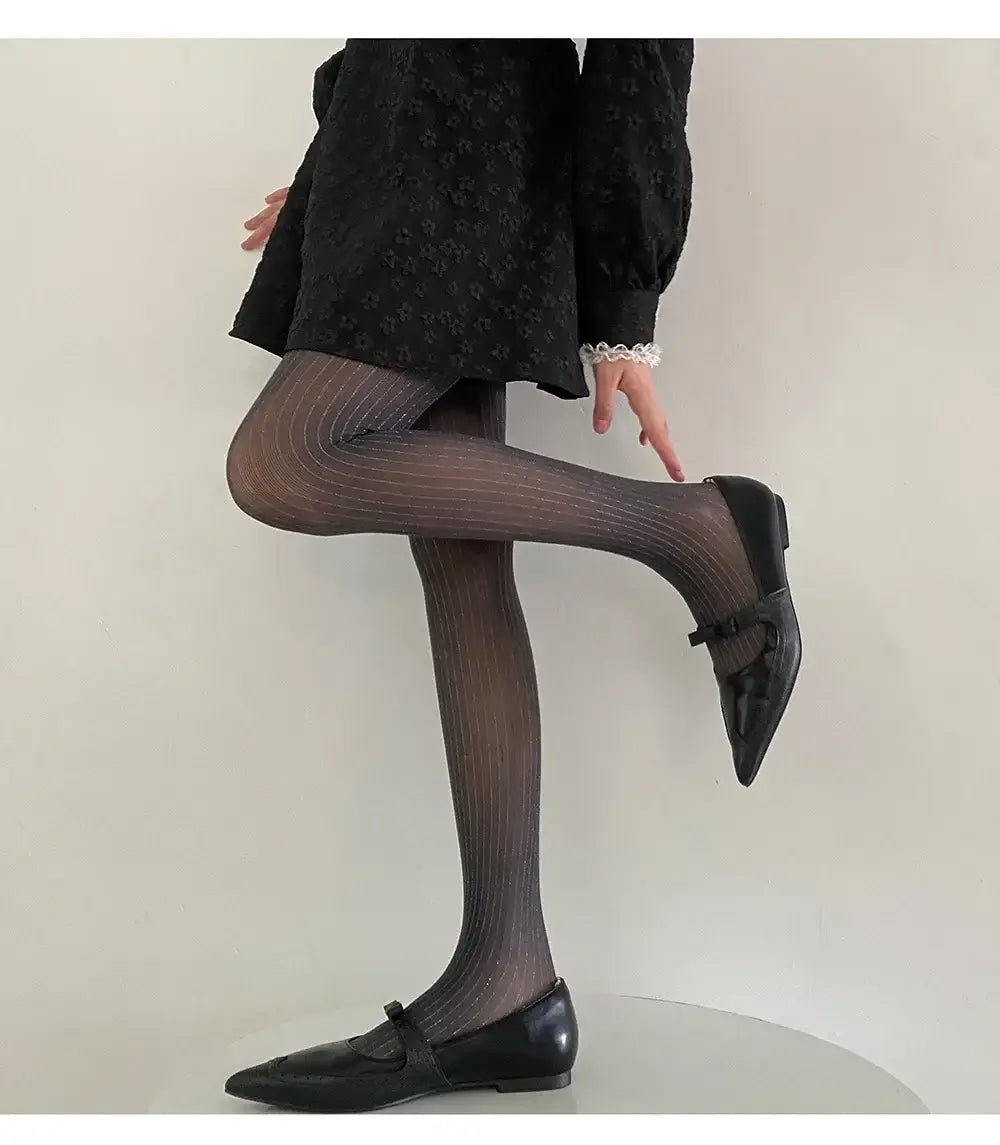 Black Tights Women Luxury Silver Silk Thigh