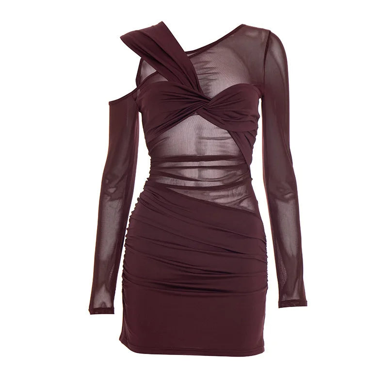 Inclined Shoulder Long Sleeve Mini Dress Women