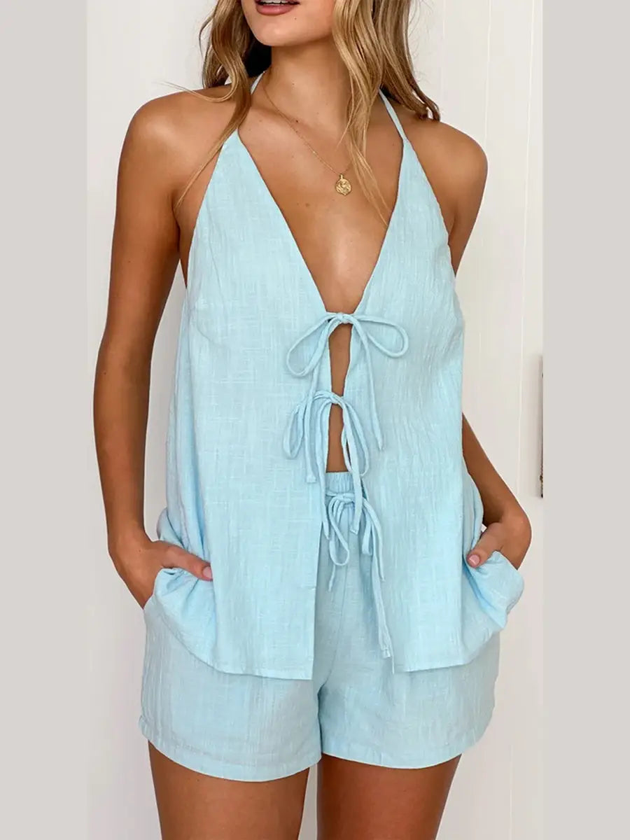 Woman Halter Neck Open Back Top Drawstring Shorts 2 Piece Set