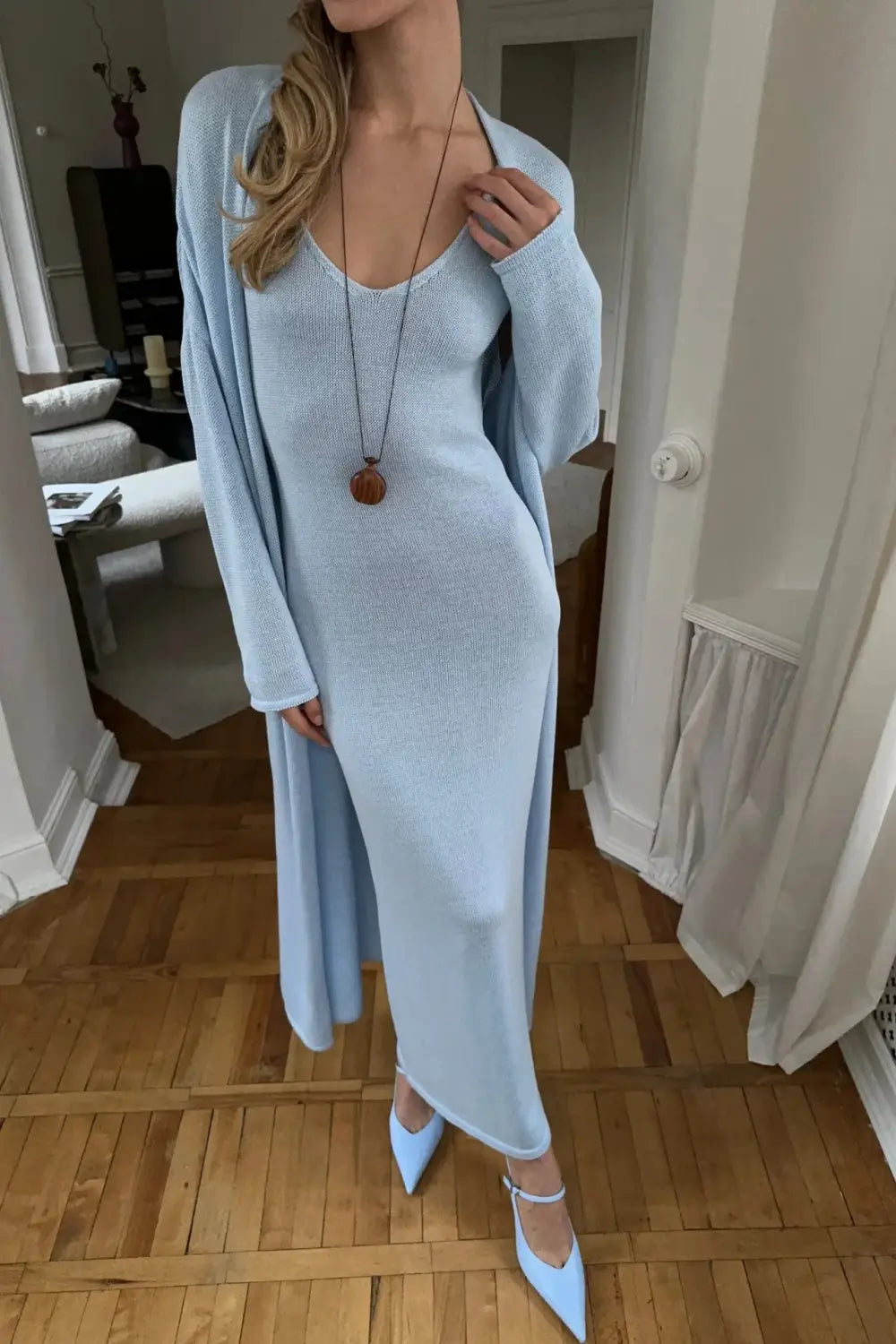 Women Long Dress Three Piece Solid Knit Halter Sleeve Cardigan Set