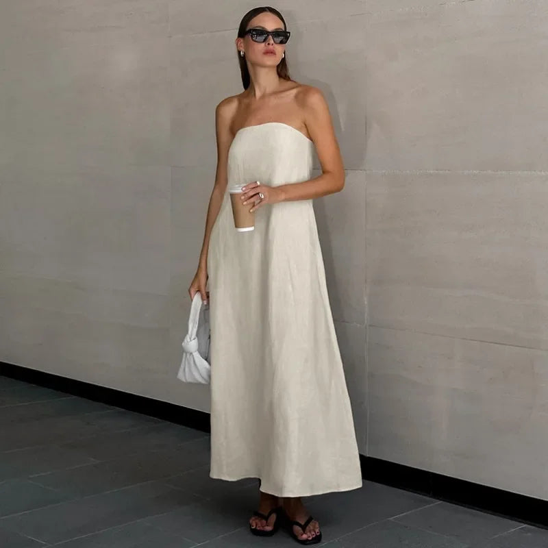 French Khaki Cotton Linen Strapless  High Waisted Dress - Norellé