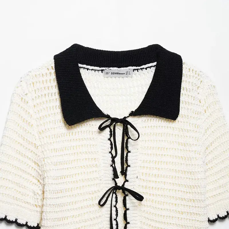 Women Beige Bow Lace Up Knitted Sweater