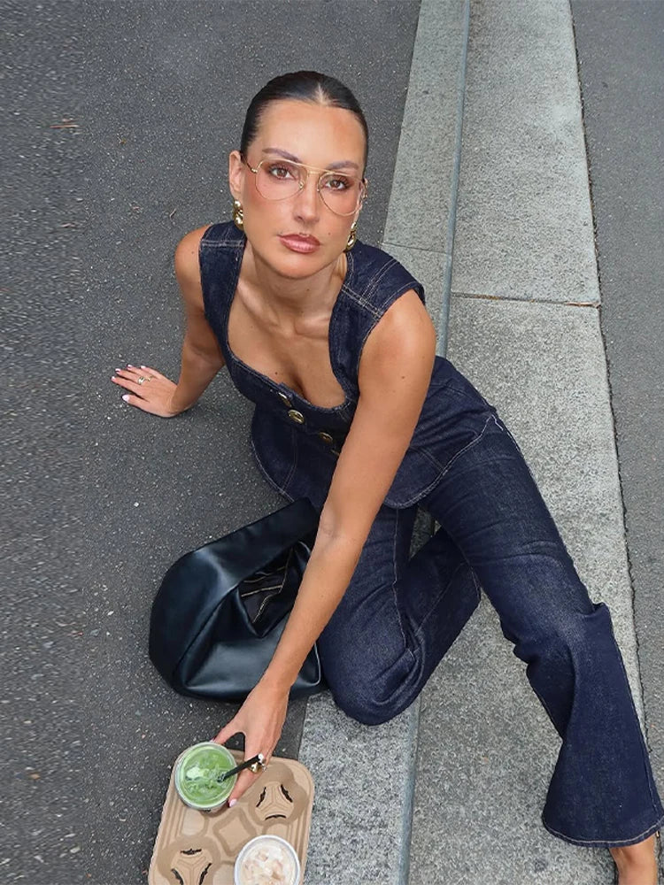 Vintage Women's Denim Sleeveless Set Crop Top With Chic Buttons - Norellé