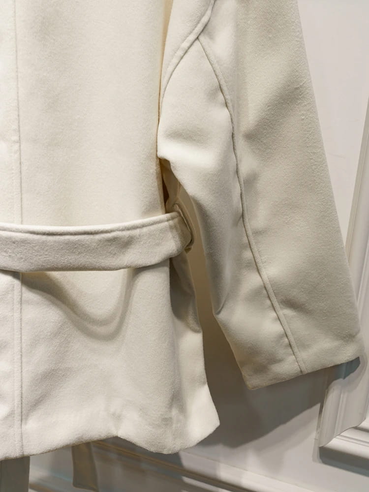 Elegant Belt Lace Up Woolen Jacket For Women