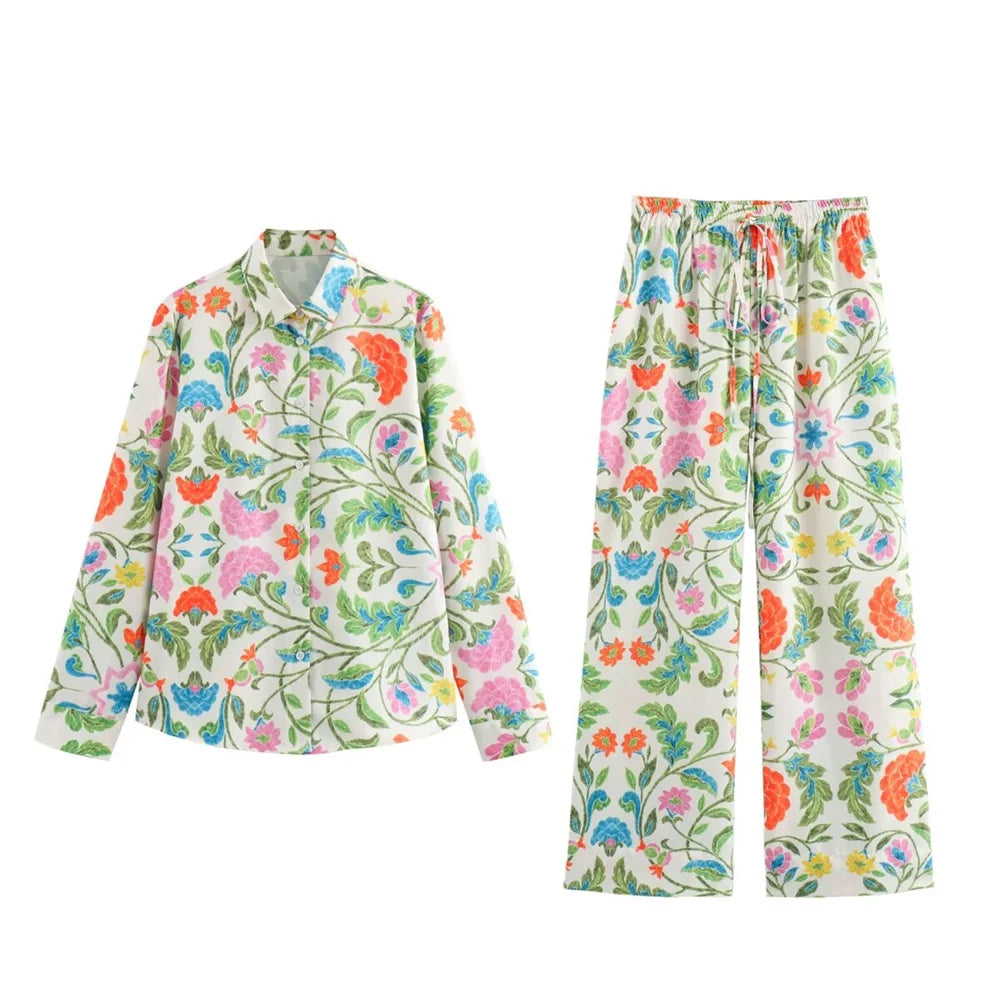 Women’s Simple and Elegant Flip Collar Printed Shirt Mid Waist Straight Leg Pants Casual Set
