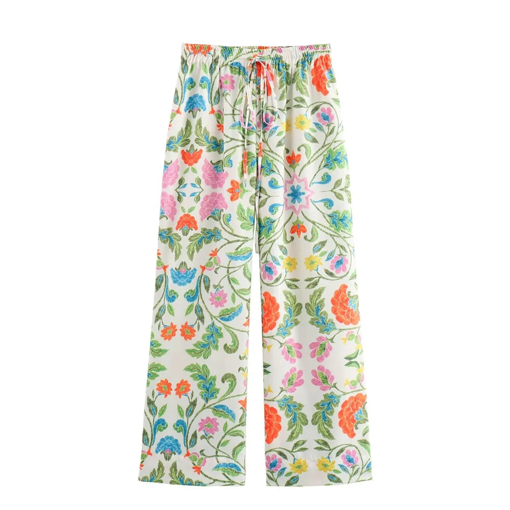 Women’s Simple and Elegant Flip Collar Printed Shirt Mid Waist Straight Leg Pants Casual Set