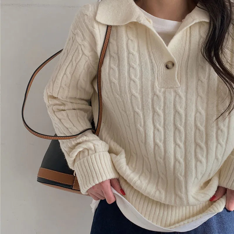 Turn-down Collar Solid Women’s Sweater