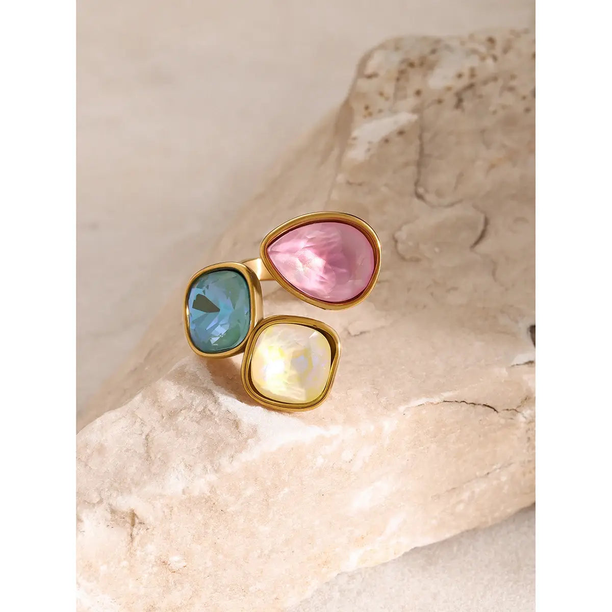 Stainless Steel Pink Green Yellow Cubic Zirconia Adjustable Open Ring