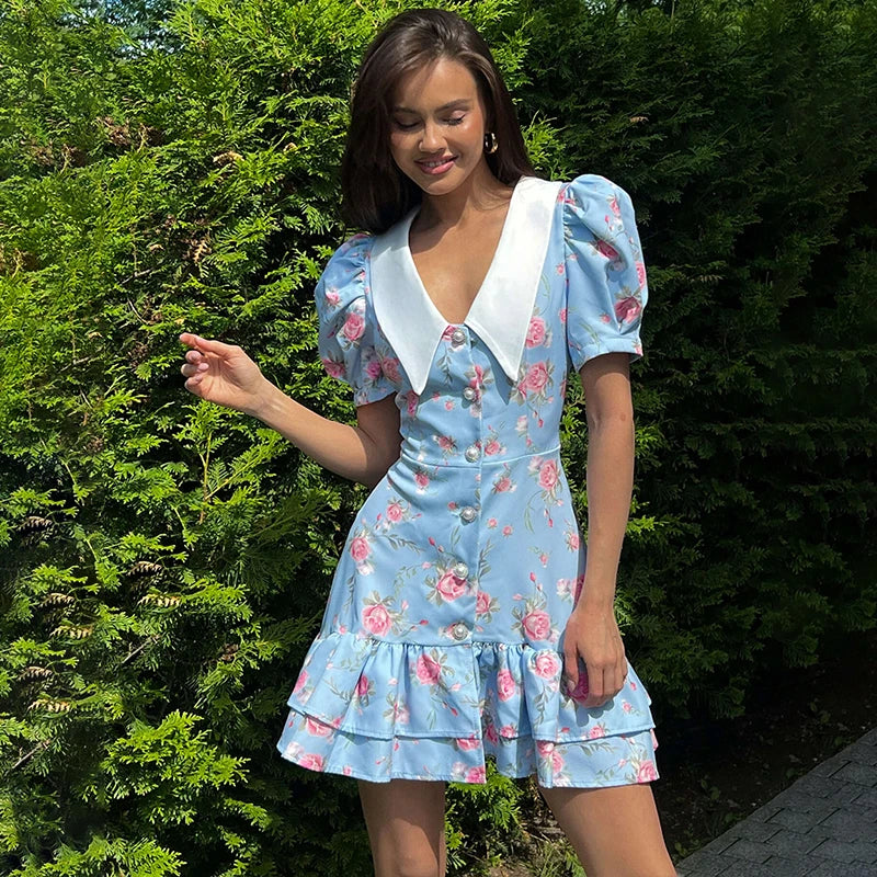 Print Puff Sleeves Ruffled Dress - Norellé