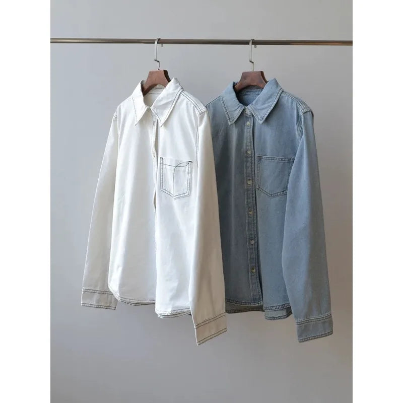 Cotton Jeans Set for Women Casual Versatile Long Sleeve Shirt High Waist Straight Leg Pants