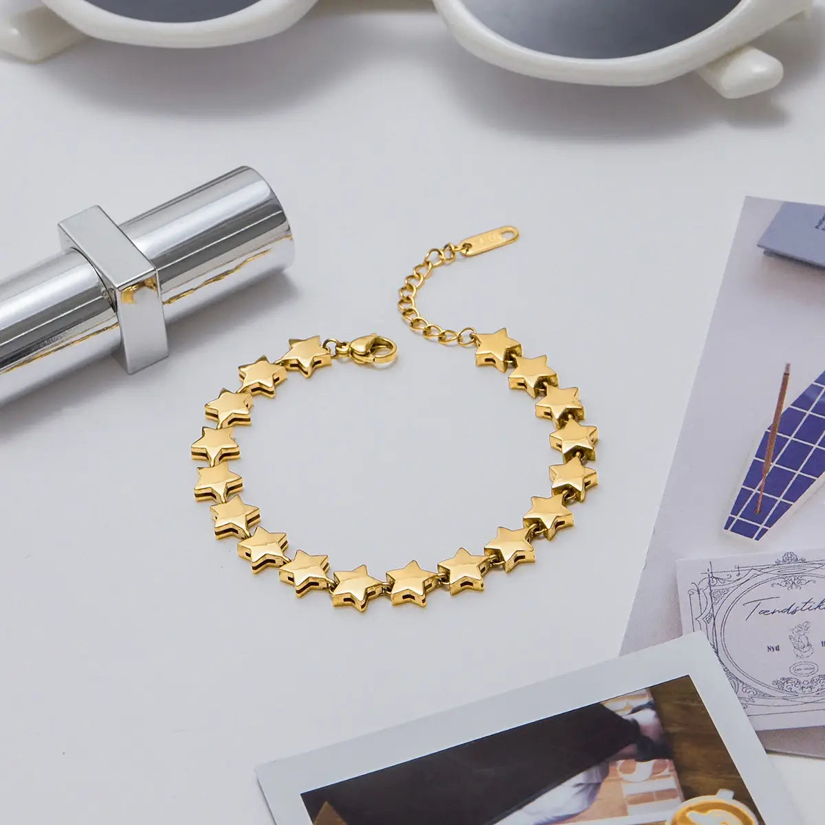 Simple Classic Stainless Steel Smooth Pentagram Bracelet Zircon