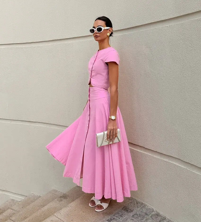 Pink Long Skirt Two Piece Elegant Shirt Button Top Loose A-Line Set