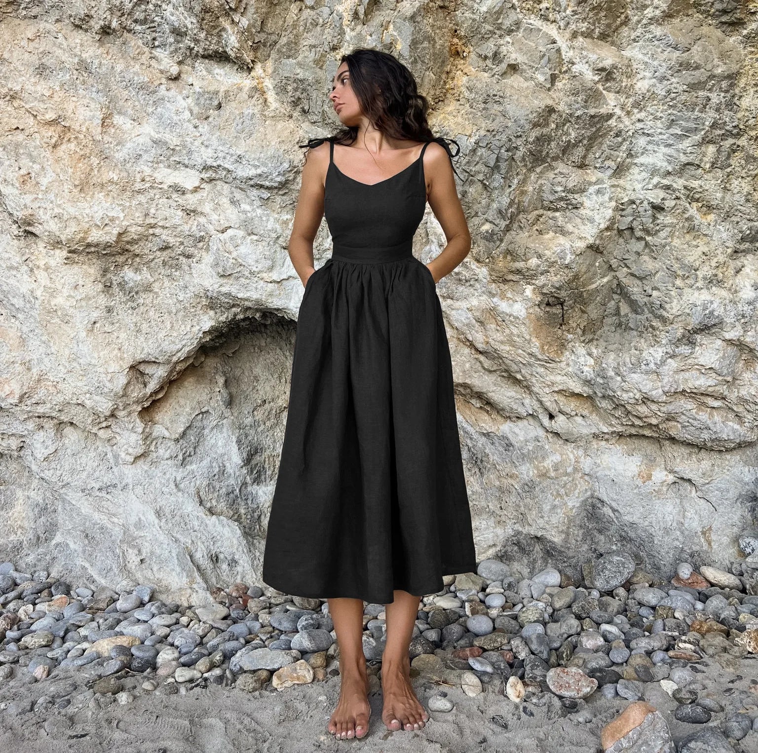 Women Elegant Lace-Up Pockets A-Line Dress - Norellé