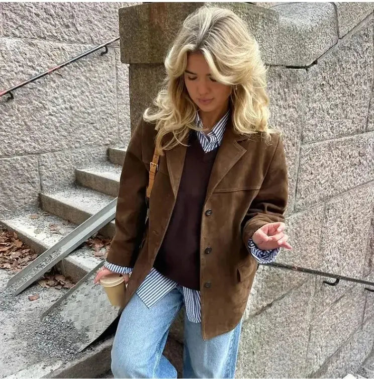 Woman Casual Single Breasted Pocket Long Sleeve Short Coat