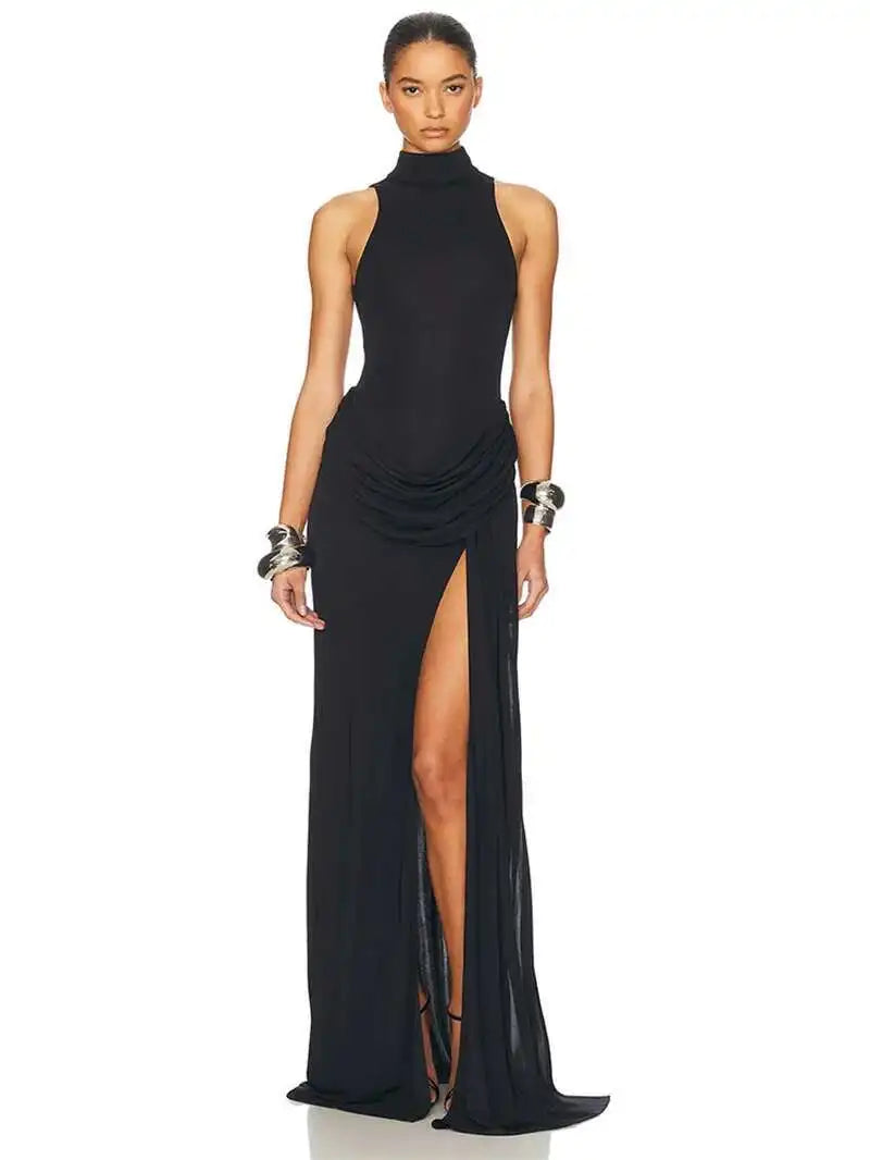 Turtleneck Off-shoulder Sleeveless Thigh Split High Waist Pleated Maxi Dress For Women