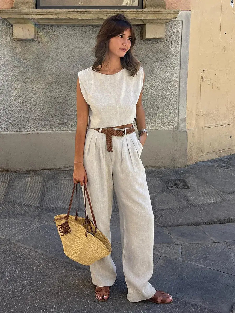Cotton Linen Vest Pants Set Women