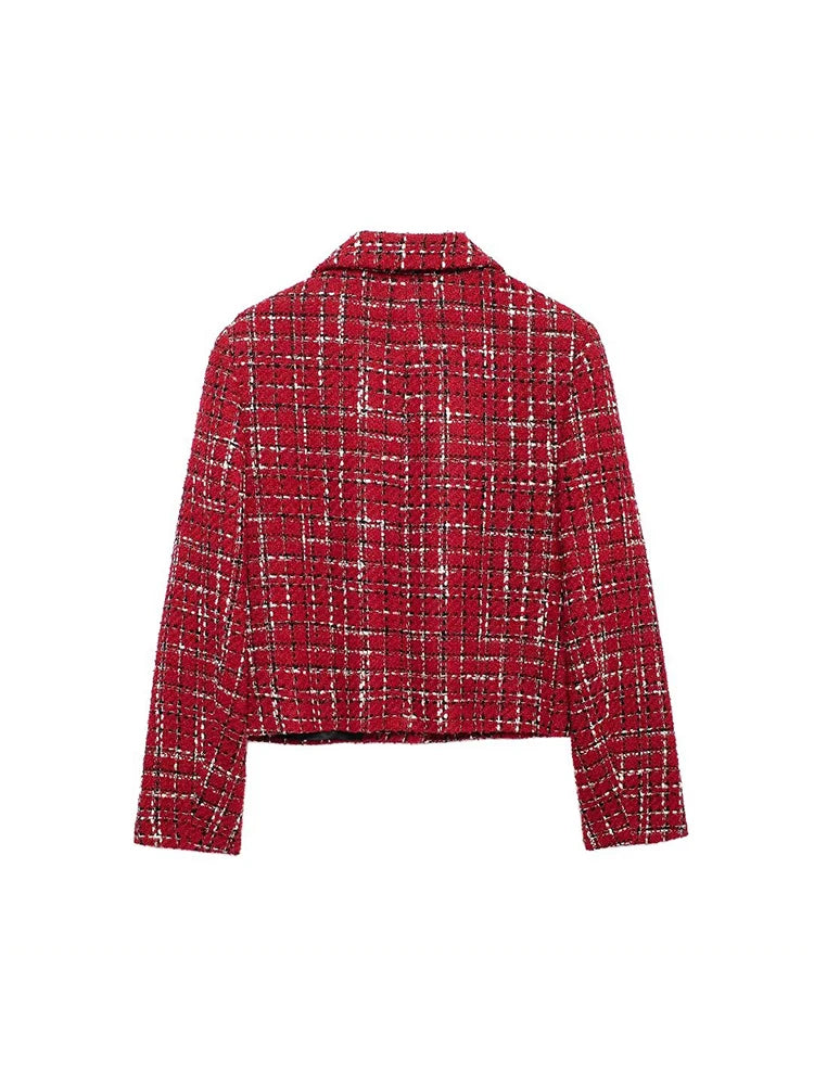 Damenmode Chic Rote Tweedjacke Mit Schulterpolstern Weibliche Taschen Geknöpfter Kurzmantel 
