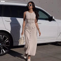 Elegant Sleeveless Single-Breasted Ribbed Knitwear Long Dress - Norellé