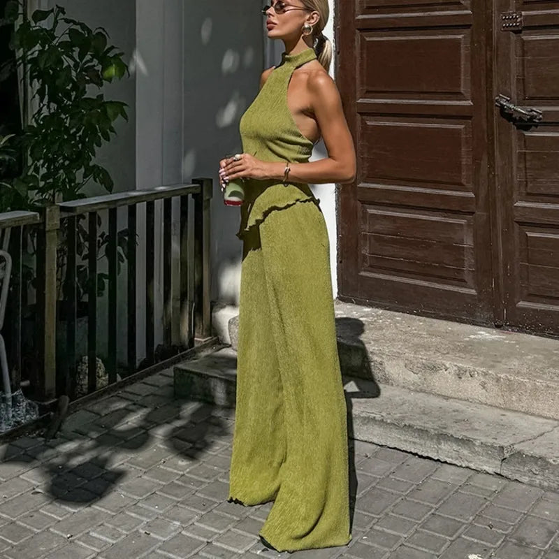 Hanging Green Pants Set Sleeveless Backless Two-piece