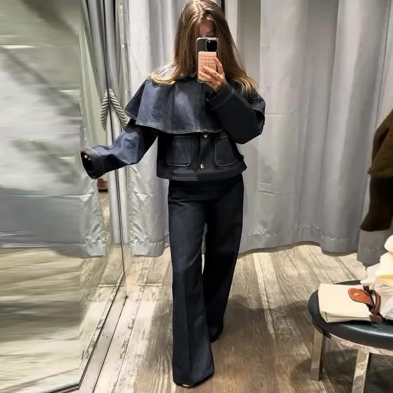 Chic Women’s Jacket Turn-down Collar Full Sleeve Single Breasted Denim Female