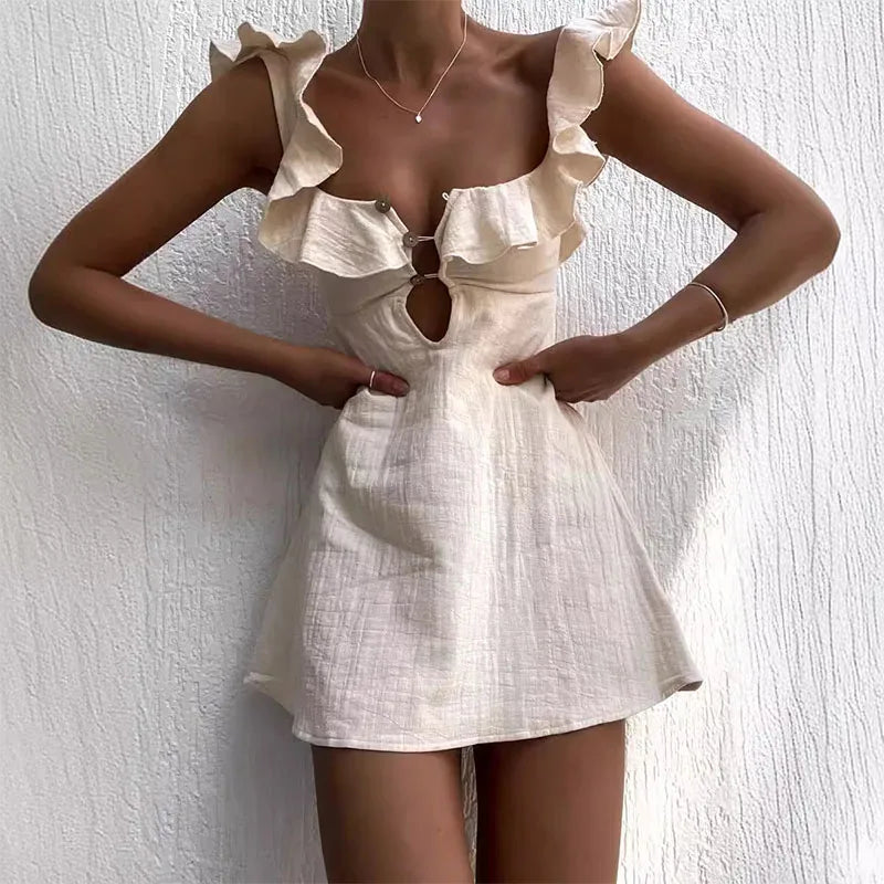 Hollow Out Button Ruffles Short Dress - Norellé