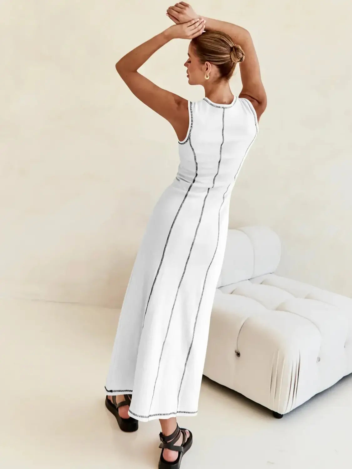 Women Clothing Knitted Long Skirt Simple Round Neck Sleeveless Female Vestidos