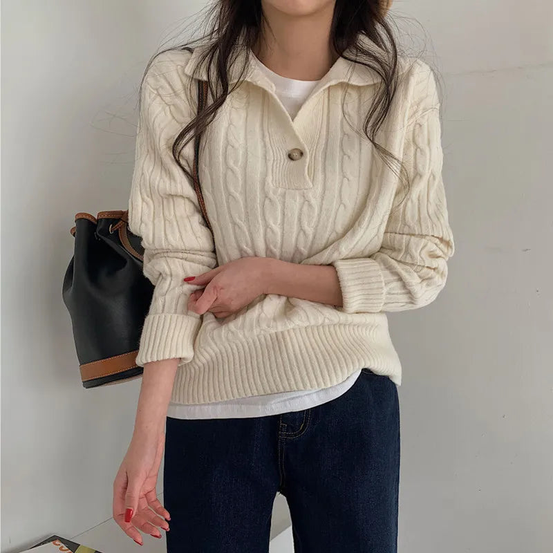 Turn-down Collar Solid Women’s Sweater