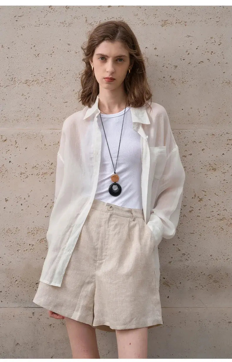 Women’s Lapel Long-Sleeved White Casual Loose Blouse