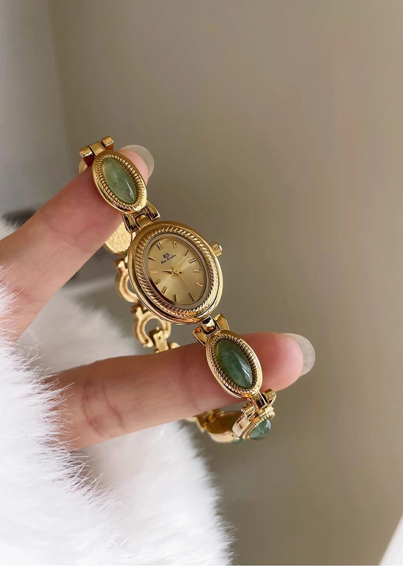 Women’s Watch Natural Premium Jade Gold Silver Bracelet Quartz