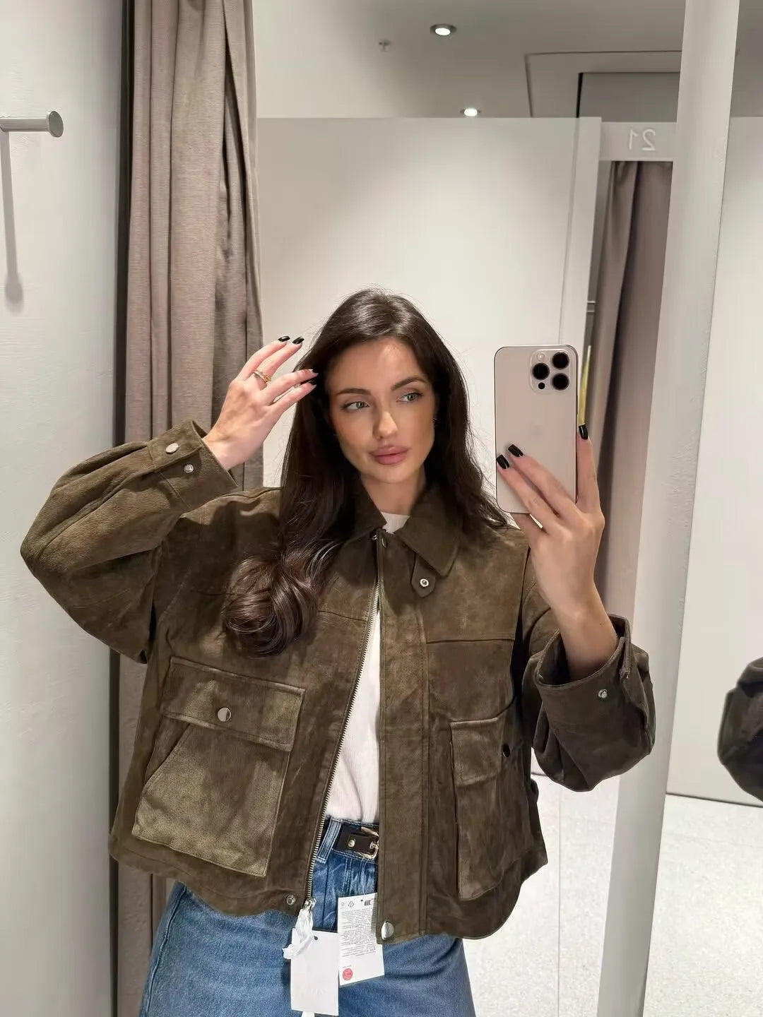 Women Front Patch Pockets Faux Leather Bomber Jacket