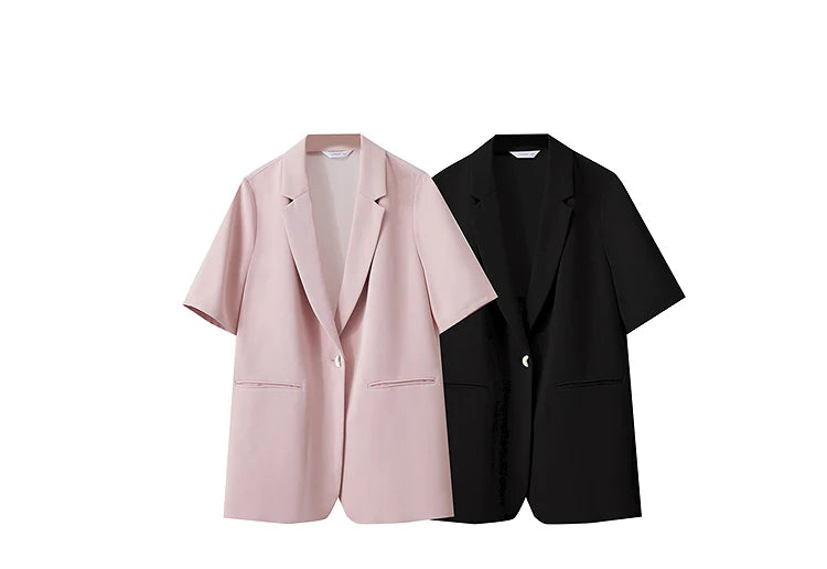 Lapel Contrast Material Patchwork One Button Short Sleeve Blazer