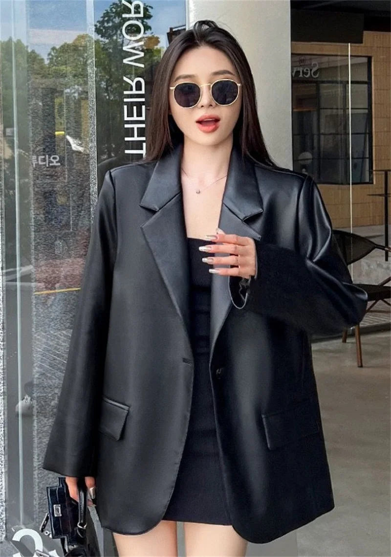 Women Black Soft PU Leather Blazer