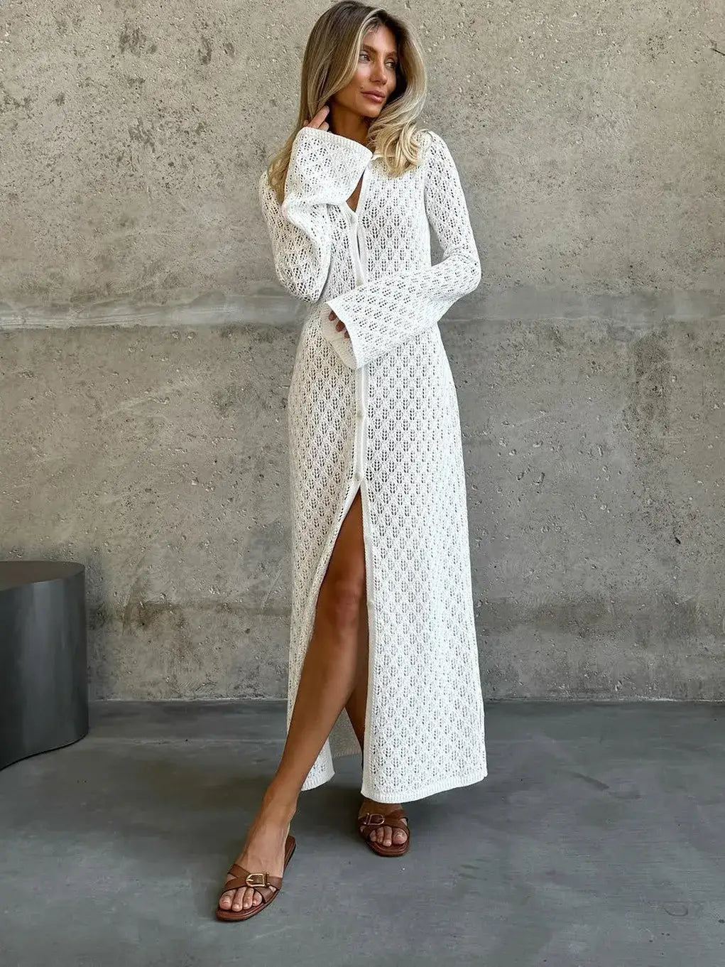 Knit Long Dress Solid Hollow Single Breasted Cardigan